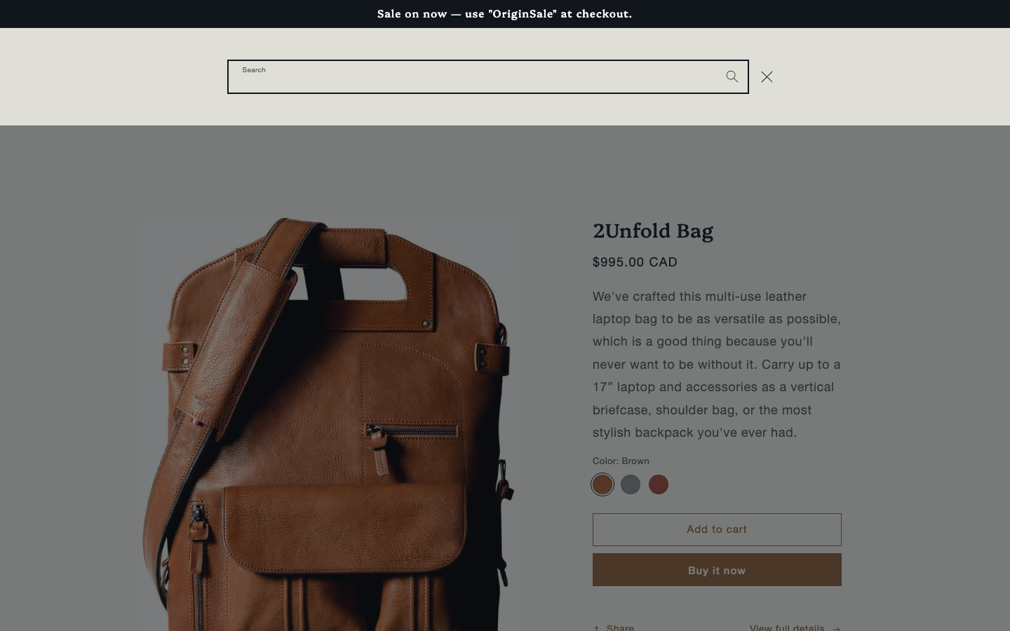 Search → panel opened — Navi+ on the Origin Shopify theme Search → panel opened — Navi+ on the Origin Shopify theme