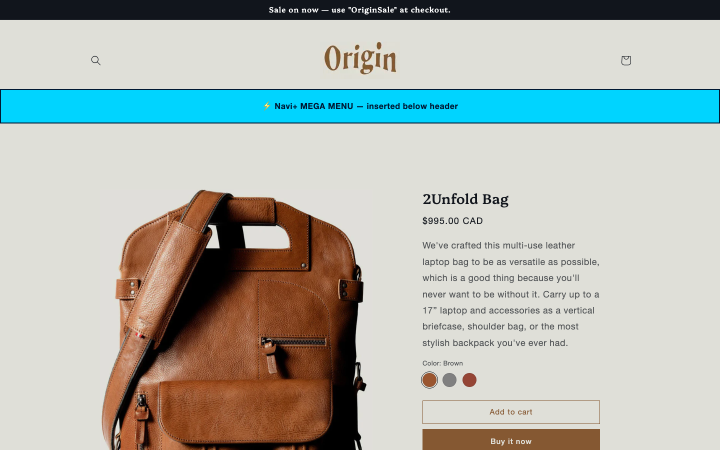 Menu inserted below header — Navi+ on the Origin Shopify theme Menu inserted below header — Navi+ on the Origin Shopify theme