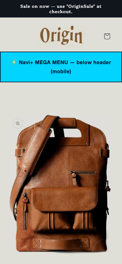 Menu inserted below header — Navi+ on the Origin Shopify theme Menu inserted below header — Navi+ on the Origin Shopify theme