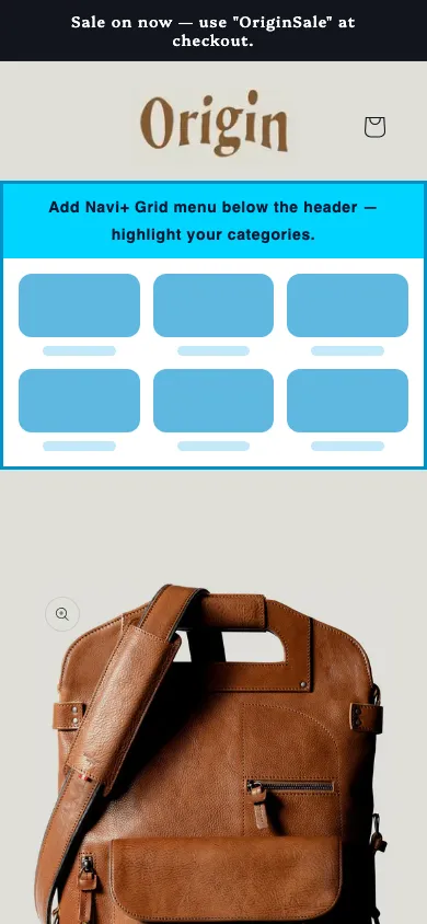 Navi+ Grid Menu on the Origin Shopify theme Navi+ Grid Menu on the Origin Shopify theme