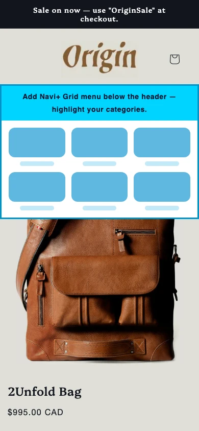 Navi+ Grid Menu on the Origin Shopify theme Navi+ Grid Menu on the Origin Shopify theme