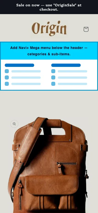 Navi+ mobile Mega Menu on the Origin Shopify theme Navi+ mobile Mega Menu on the Origin Shopify theme