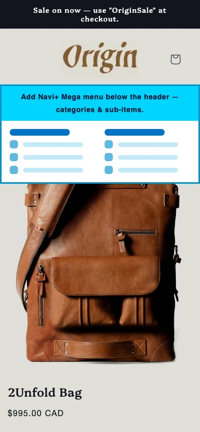 Navi+ mobile Mega Menu on the Origin Shopify theme Navi+ mobile Mega Menu on the Origin Shopify theme