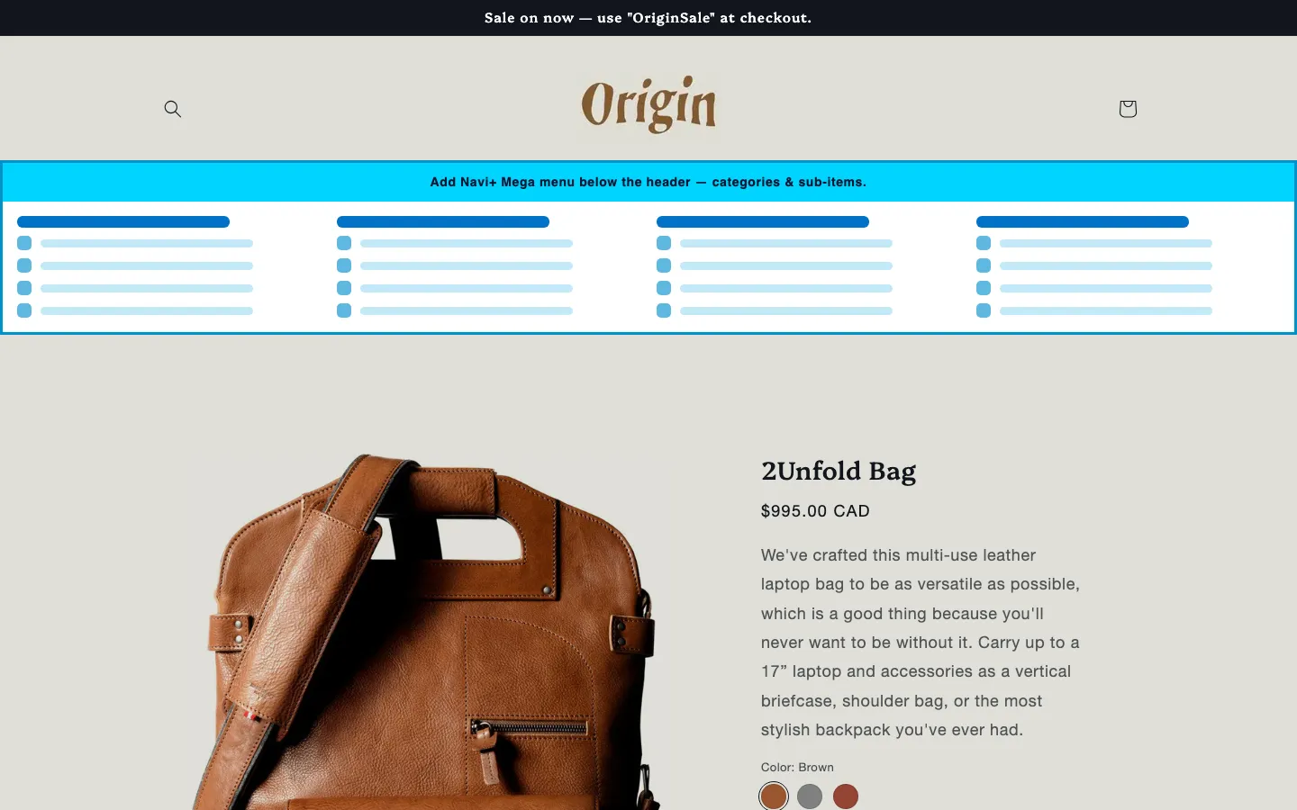 Navi+ Mega Menu inserted below the header on the Origin Shopify theme Navi+ Mega Menu inserted below the header on the Origin Shopify theme