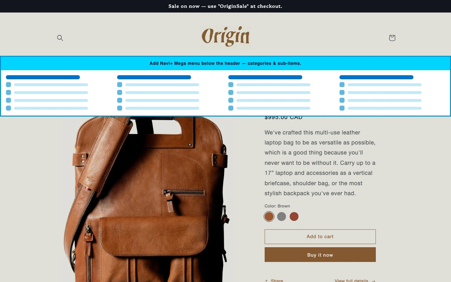 Navi+ Mega Menu inserted below the header on the Origin Shopify theme Navi+ Mega Menu inserted below the header on the Origin Shopify theme