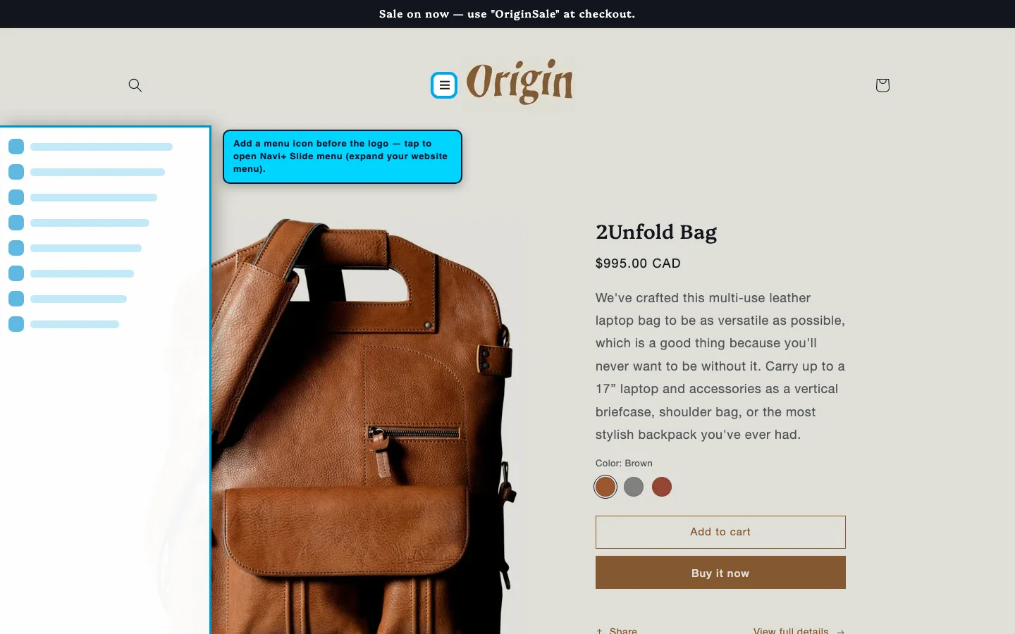 Navi+ trigger icon before the logo on the Origin Shopify theme Navi+ trigger icon before the logo on the Origin Shopify theme