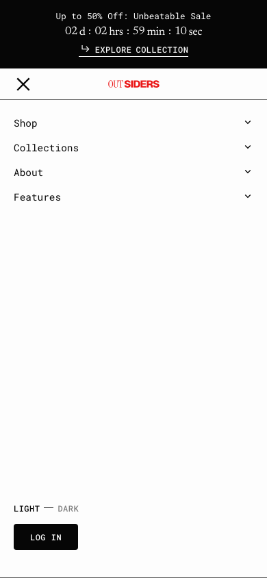 Hamburger → panel opened — Navi+ on the Outsiders Shopify theme Hamburger → panel opened — Navi+ on the Outsiders Shopify theme