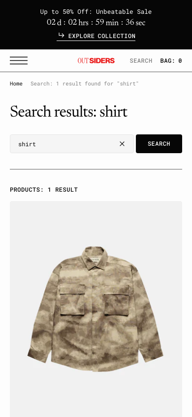 Search → panel opened — Navi+ on the Outsiders Shopify theme Search → panel opened — Navi+ on the Outsiders Shopify theme