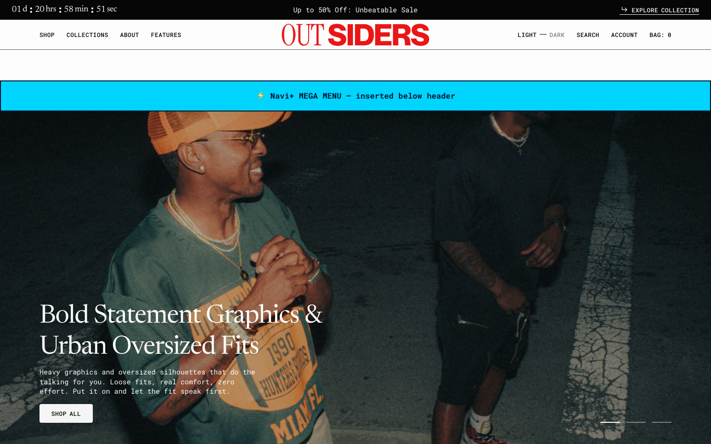 Menu inserted below header — Navi+ on the Outsiders Shopify theme Menu inserted below header — Navi+ on the Outsiders Shopify theme