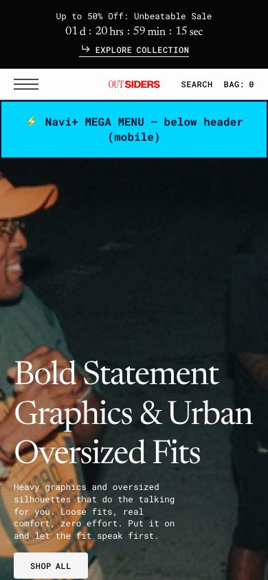 Menu inserted below header — Navi+ on the Outsiders Shopify theme Menu inserted below header — Navi+ on the Outsiders Shopify theme