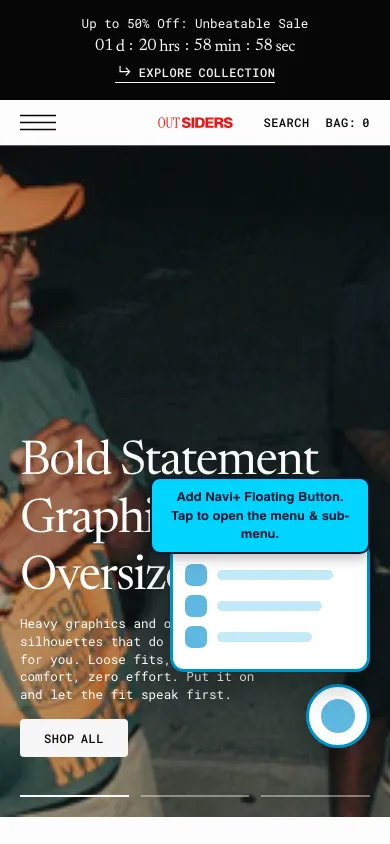 Navi+ FAB on the Outsiders Shopify theme Navi+ FAB on the Outsiders Shopify theme