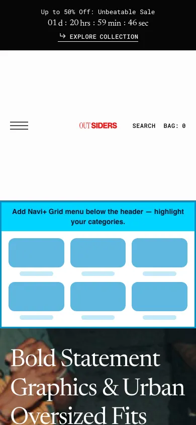 Navi+ Grid Menu on the Outsiders Shopify theme Navi+ Grid Menu on the Outsiders Shopify theme