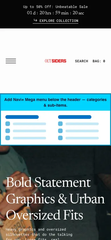 Navi+ mobile Mega Menu on the Outsiders Shopify theme Navi+ mobile Mega Menu on the Outsiders Shopify theme