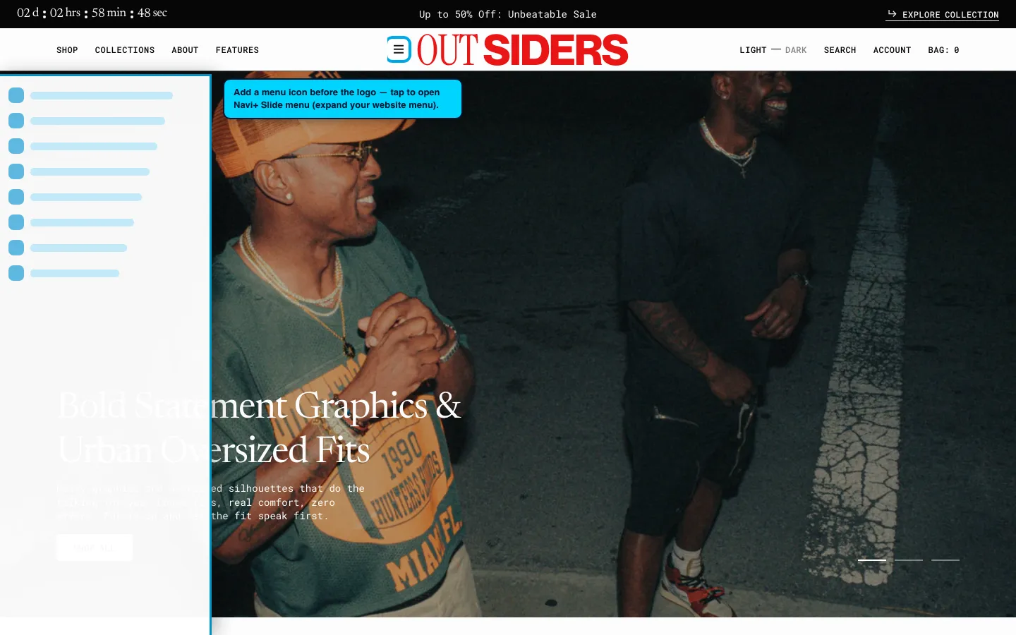 Navi+ trigger icon before the logo on the Outsiders Shopify theme Navi+ trigger icon before the logo on the Outsiders Shopify theme