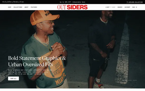 Full-page desktop screenshot of Shopify Outsiders theme demo store