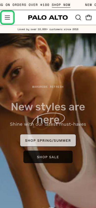 Hamburger → panel opened — Navi+ on the Palo Alto Shopify theme