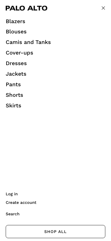 Hamburger → panel opened — Navi+ on the Palo Alto Shopify theme