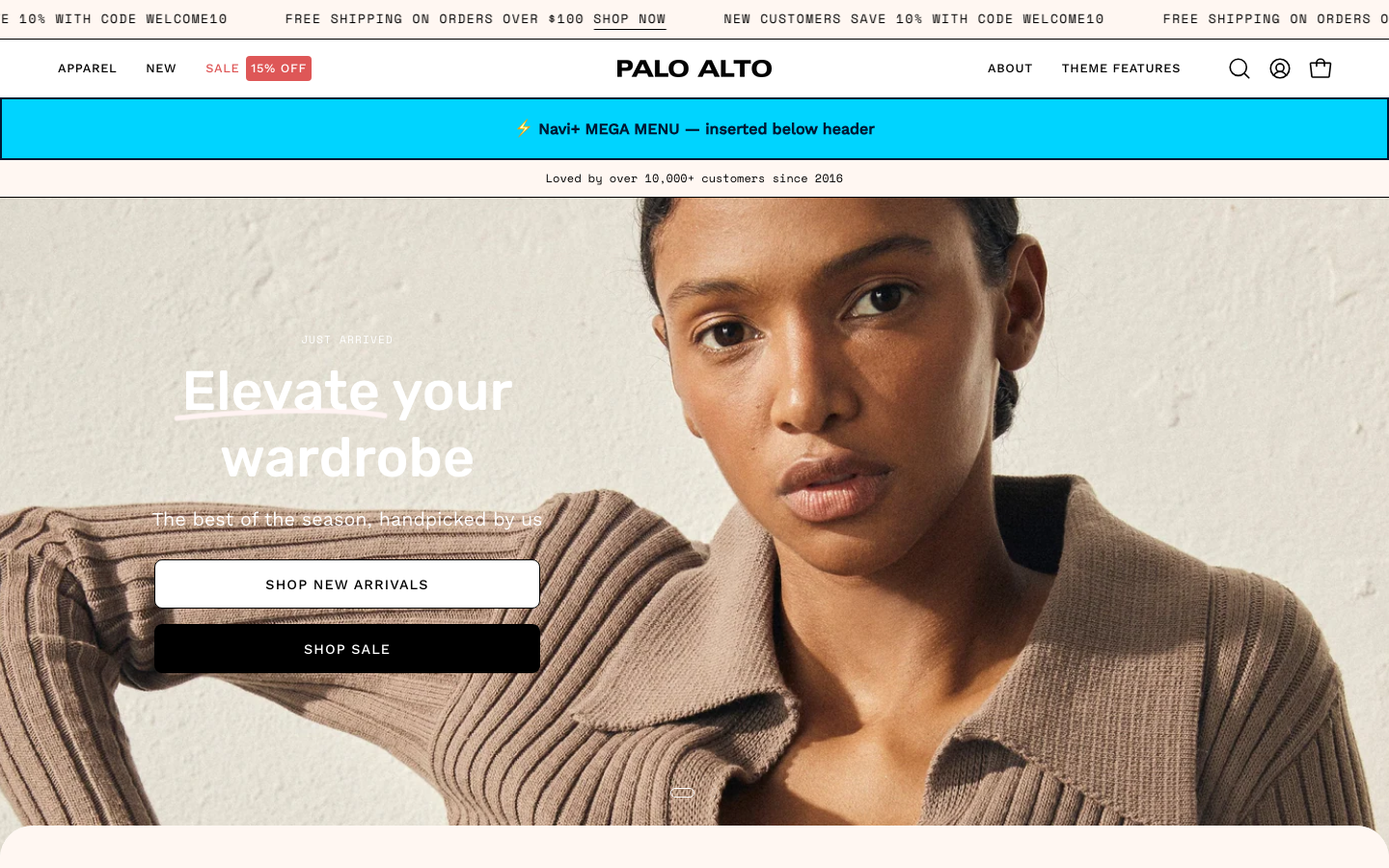 Menu inserted below header — Navi+ on the Palo Alto Shopify theme