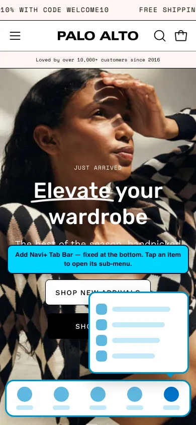 Navi+ Tab Bar on the Palo Alto Shopify theme Navi+ Tab Bar on the Palo Alto Shopify theme