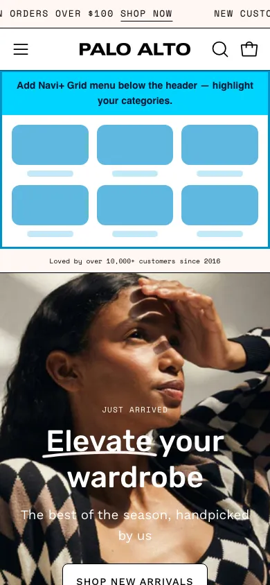 Navi+ Grid Menu on the Palo Alto Shopify theme Navi+ Grid Menu on the Palo Alto Shopify theme