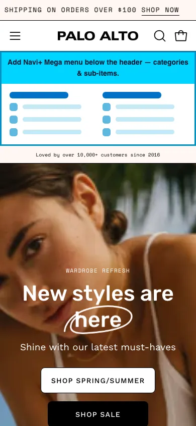 Navi+ mobile Mega Menu on the Palo Alto Shopify theme Navi+ mobile Mega Menu on the Palo Alto Shopify theme