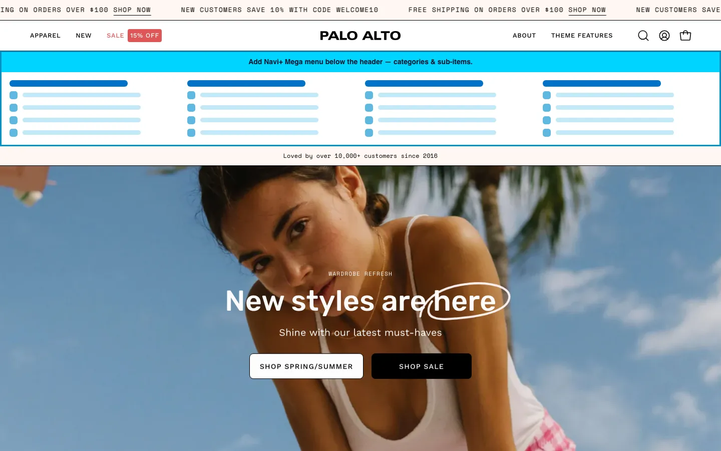 Navi+ Mega Menu inserted below the header on the Palo Alto Shopify theme Navi+ Mega Menu inserted below the header on the Palo Alto Shopify theme