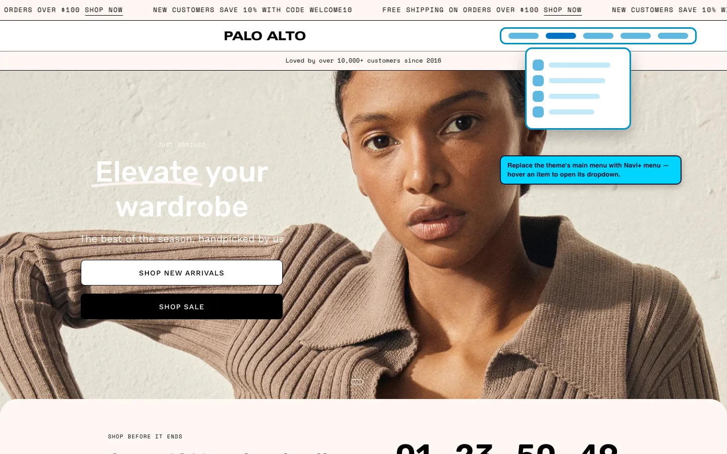 Navi+ Mega Menu replacing the desktop menu on the Palo Alto Shopify theme