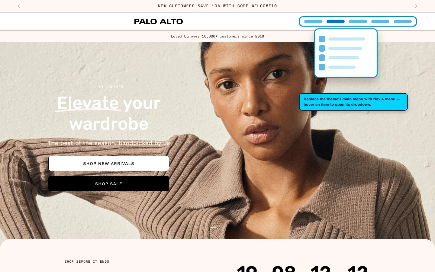 Navi+ Mega Menu replacing the desktop menu on the Palo Alto Shopify theme Navi+ Mega Menu replacing the desktop menu on the Palo Alto Shopify theme