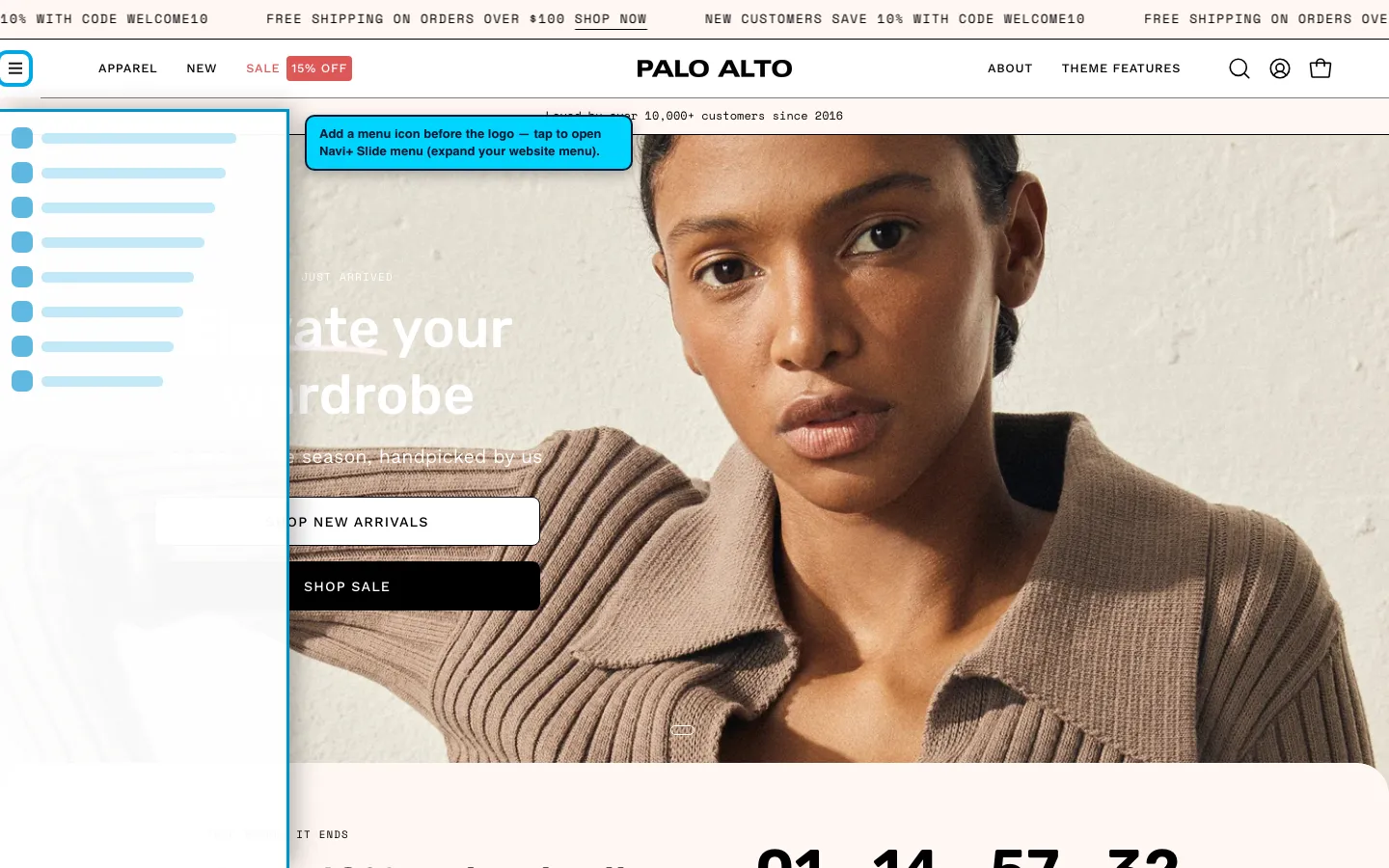 Navi+ trigger icon before the logo on the Palo Alto Shopify theme