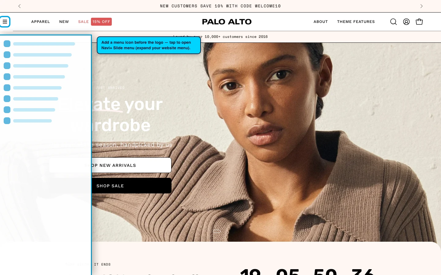 Navi+ trigger icon before the logo on the Palo Alto Shopify theme Navi+ trigger icon before the logo on the Palo Alto Shopify theme