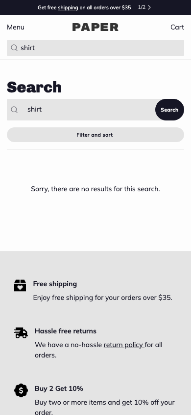 Search → panel opened — Navi+ on the Paper Shopify theme