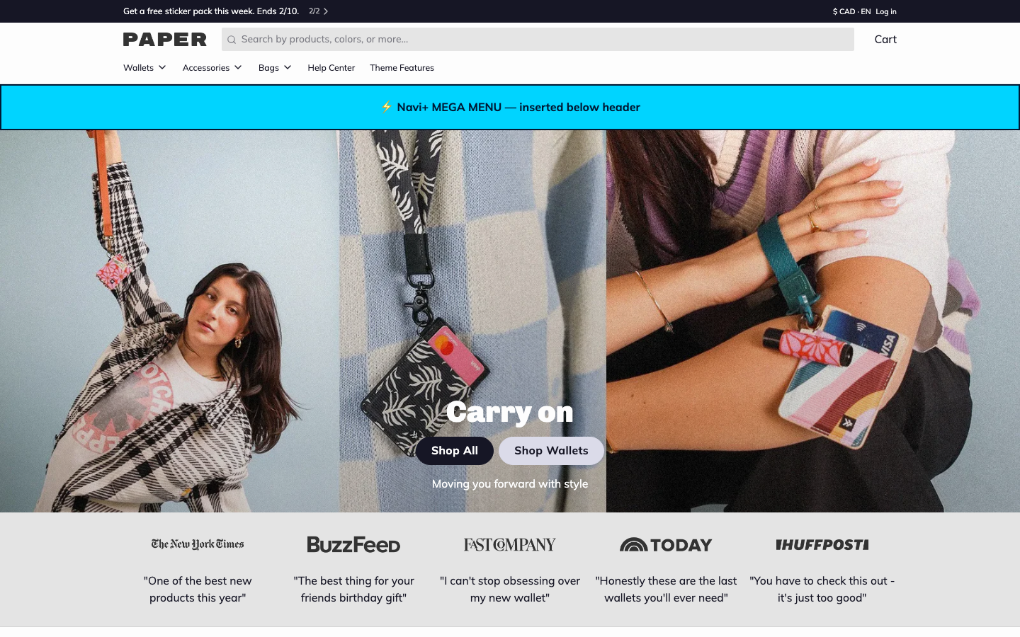 Menu inserted below header — Navi+ on the Paper Shopify theme