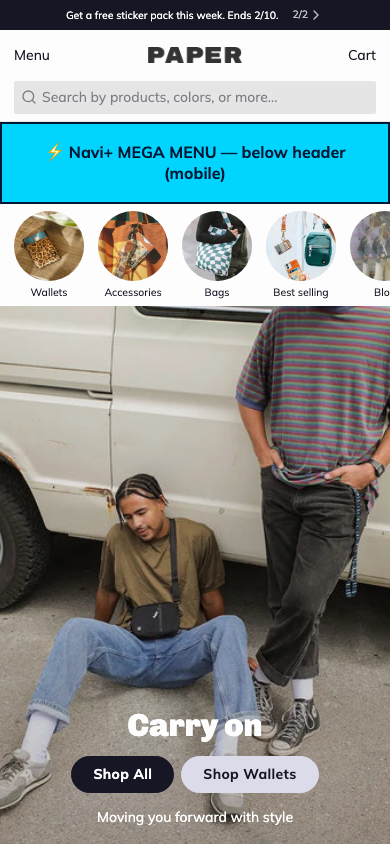 Menu inserted below header — Navi+ on the Paper Shopify theme