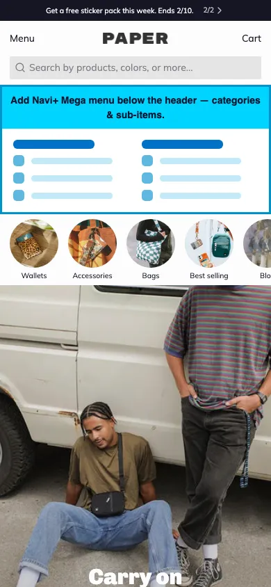 Navi+ mobile Mega Menu on the Paper Shopify theme Navi+ mobile Mega Menu on the Paper Shopify theme