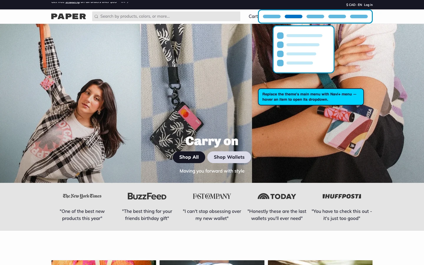 Navi+ Mega Menu replacing the desktop menu on the Paper Shopify theme Navi+ Mega Menu replacing the desktop menu on the Paper Shopify theme