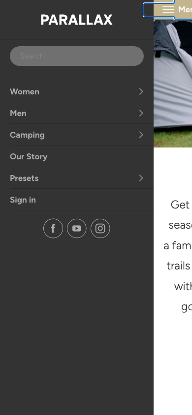 Hamburger → panel opened — Navi+ on the Parallax Shopify theme