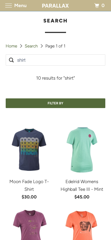Search → panel opened — Navi+ on the Parallax Shopify theme