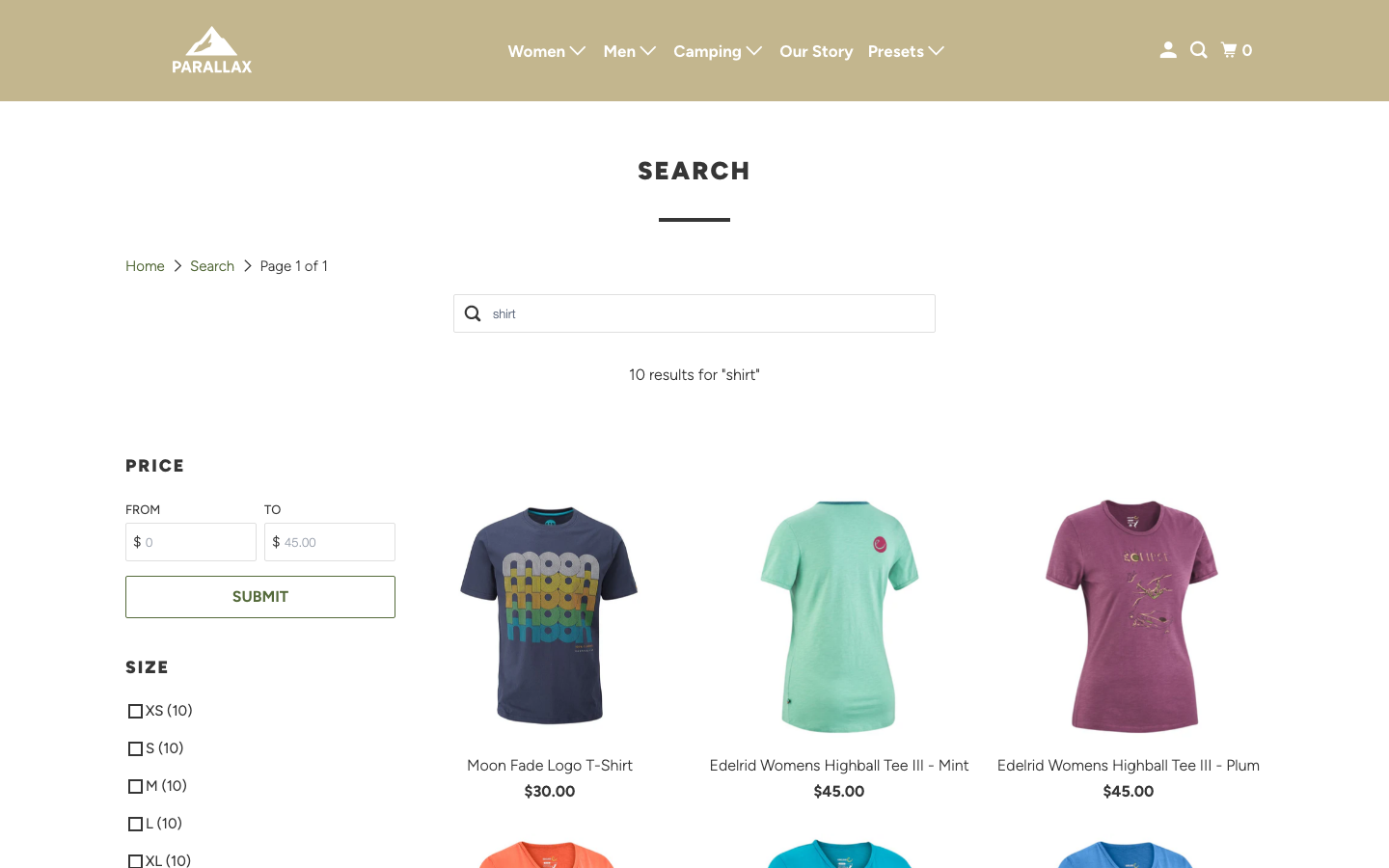 Search → panel opened — Navi+ on the Parallax Shopify theme