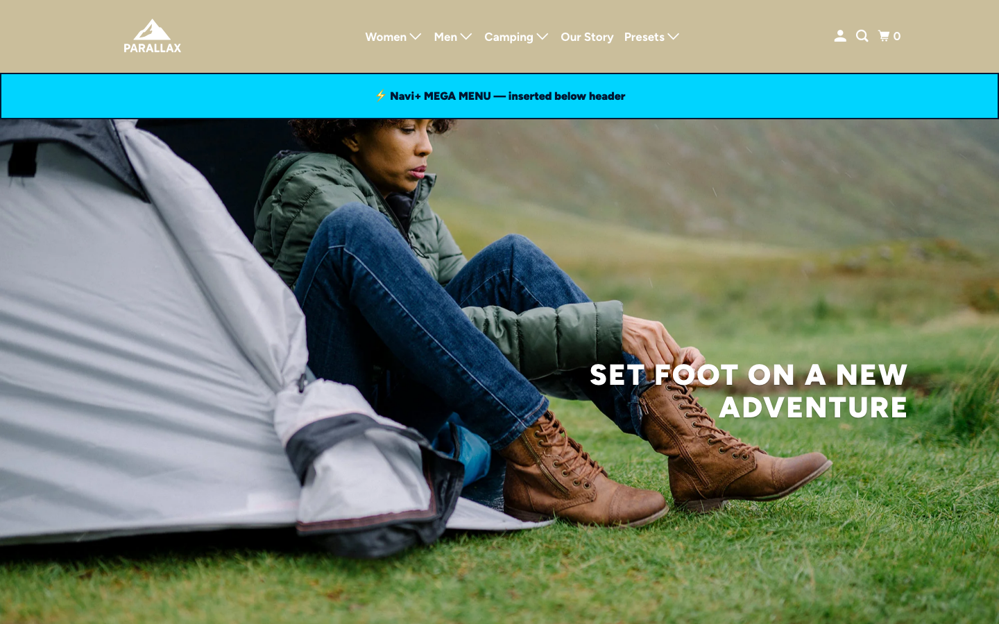 Menu inserted below header — Navi+ on the Parallax Shopify theme