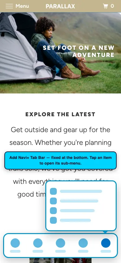 Navi+ Tab Bar on the Parallax Shopify theme Navi+ Tab Bar on the Parallax Shopify theme