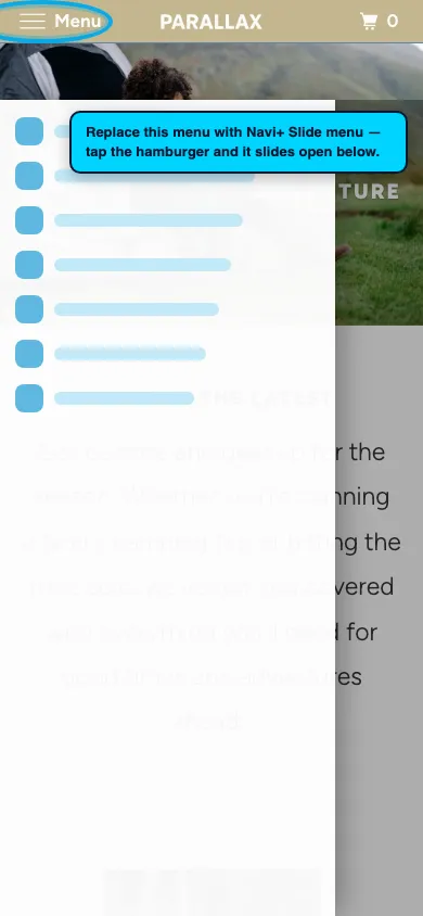 Navi+ Slide Menu on the Parallax Shopify theme Navi+ Slide Menu on the Parallax Shopify theme