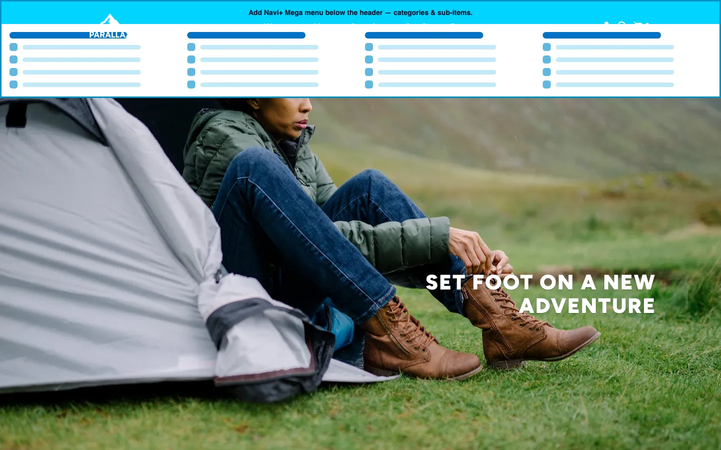 Navi+ Mega Menu inserted below the header on the Parallax Shopify theme