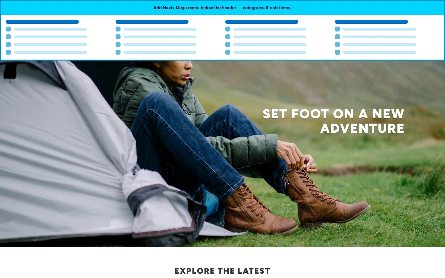 Navi+ Mega Menu inserted below the header on the Parallax Shopify theme Navi+ Mega Menu inserted below the header on the Parallax Shopify theme