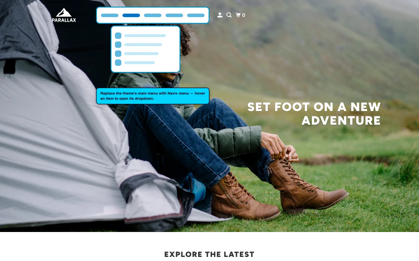 Navi+ Mega Menu replacing the desktop menu on the Parallax Shopify theme Navi+ Mega Menu replacing the desktop menu on the Parallax Shopify theme