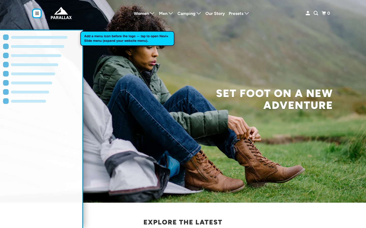 Navi+ trigger icon before the logo on the Parallax Shopify theme Navi+ trigger icon before the logo on the Parallax Shopify theme