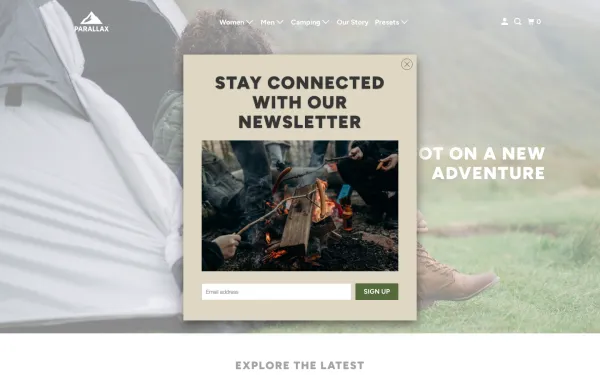 Full-page desktop screenshot of Shopify Parallax theme demo store