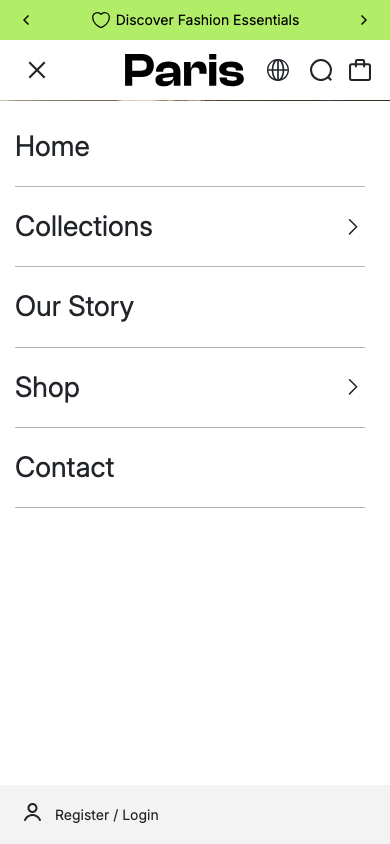 Hamburger → panel opened — Navi+ on the Paris Shopify theme