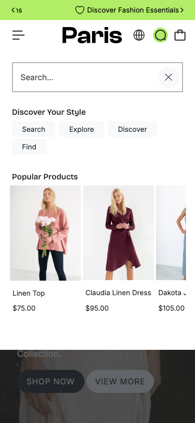 Search → panel opened — Navi+ on the Paris Shopify theme