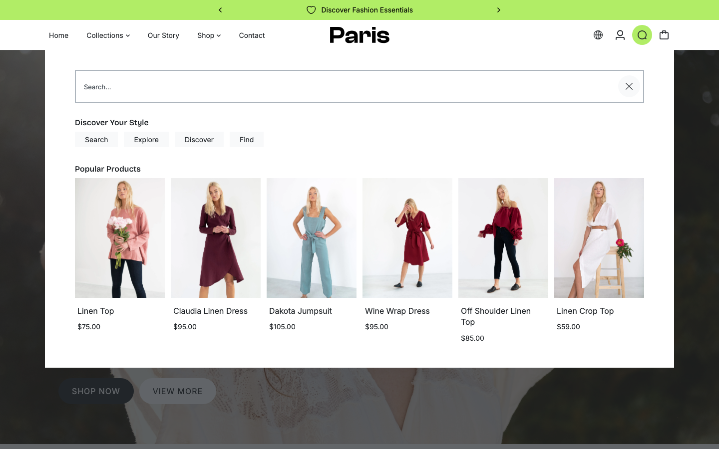 Search → panel opened — Navi+ on the Paris Shopify theme