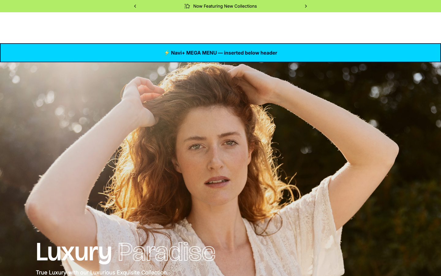 Menu inserted below header — Navi+ on the Paris Shopify theme